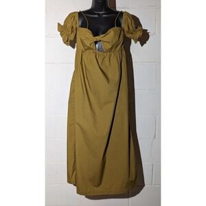 A New Day Olive Cotton Green Midi Dress Cutout Bow Tie Puff Sleeve Summer Small